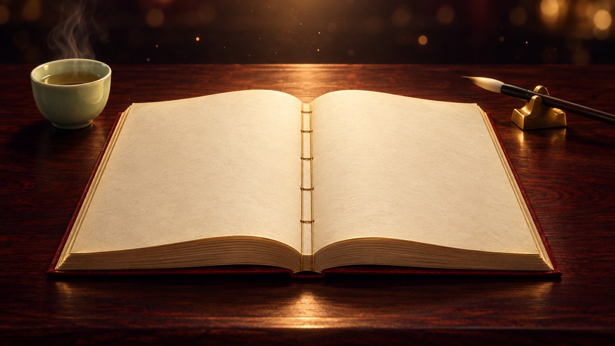 深夜的中式書房裡，紅木書桌上攤開一本空白的線裝書，旁邊擺著金色筆架上的毛筆和一只青瓷茶杯