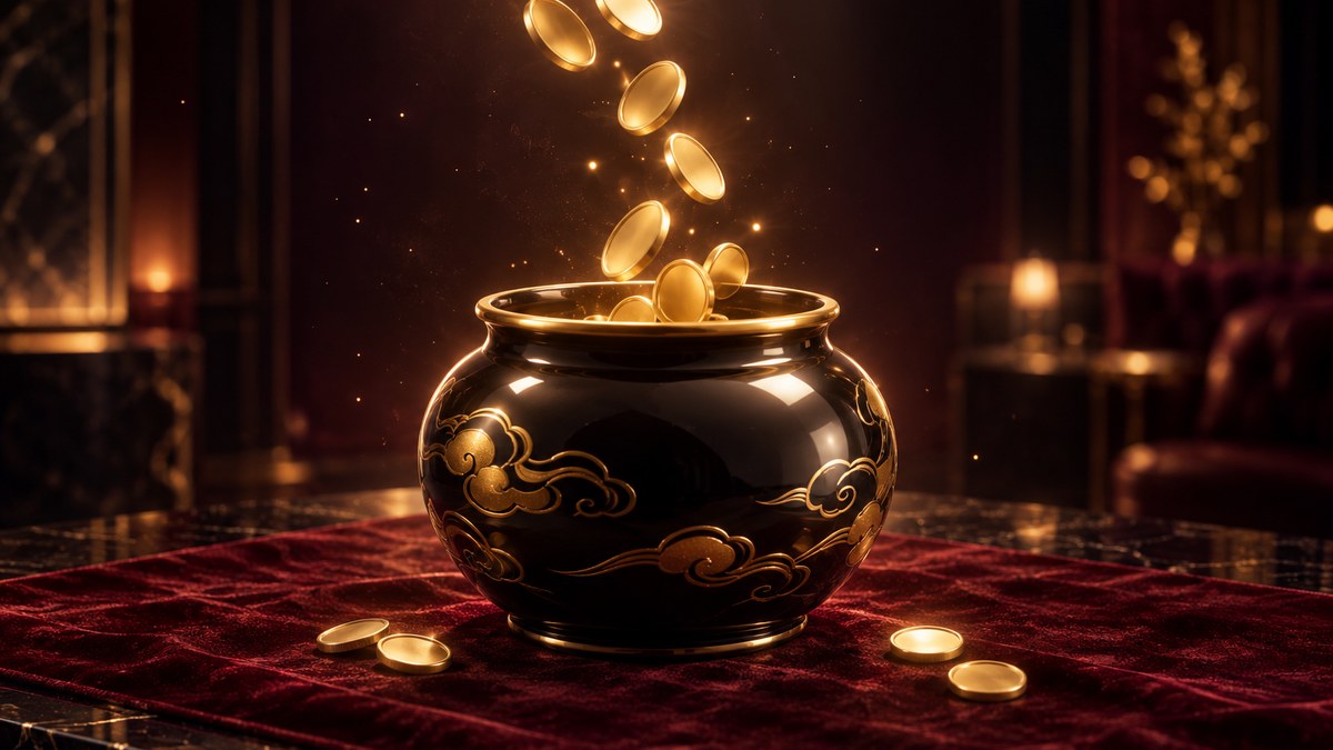 深酒紅桌面上一座金色小天平,一端放著疊起的金幣,背景是柔和的金色光暈
